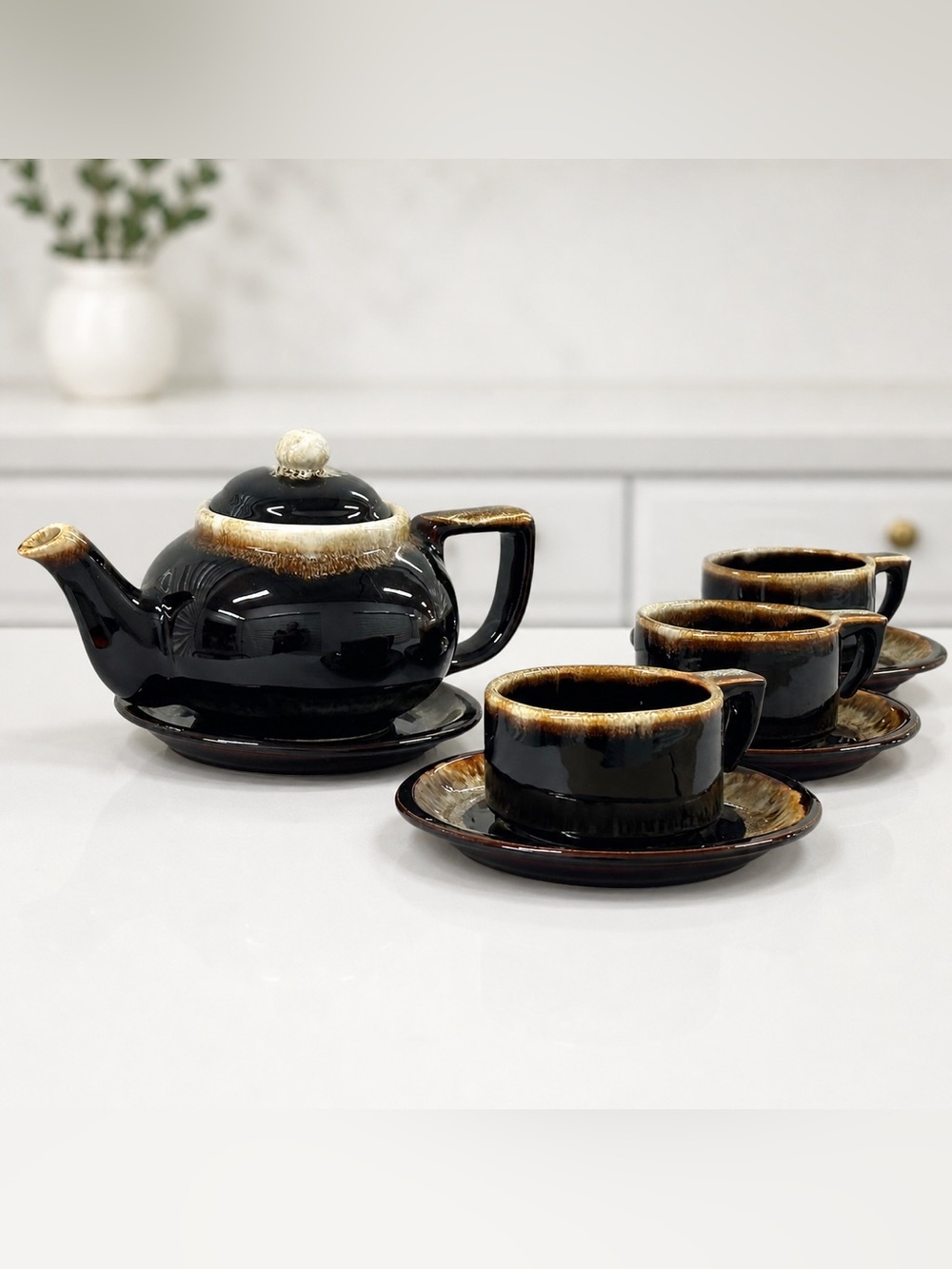 Pfaltzgraff Gourmet Brown Drip Glaze Coffee/Tea Set Teapot Cups Saucers USA MCM
